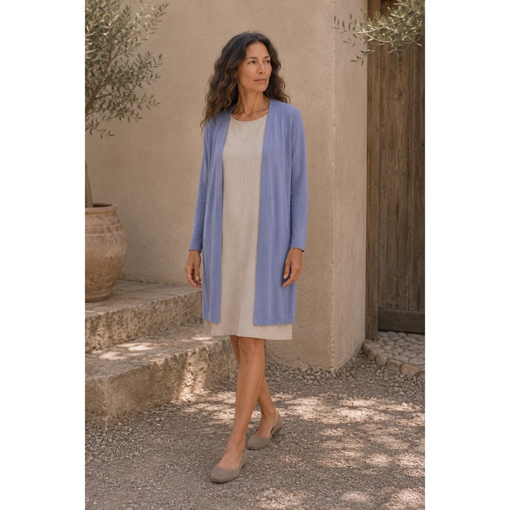Eileen Fisher Long Sleeve Open Front LONG Cardigan Sweater Large LIGHTWEIGHT